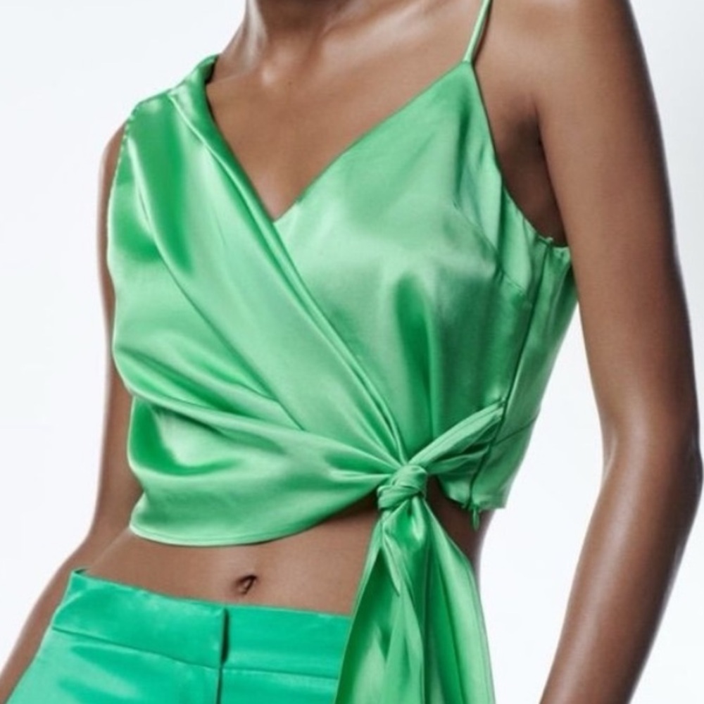 Zara Green Satin Wrap Top - Picture 2 of 5